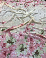 Ткань шифон натуральный кремовый розовыми цветами