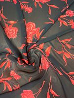 Ткань шифон с красными розами на чёрном фоне