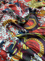 Ткань шёлковая атласная с цветным мифологическим принтом 