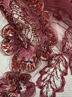 Ткань кружево на сетке марсалового цвета расшитое паетками, бисером, стеклярусом