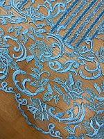Ткань сетка голубого цвета расшитая бисером  стеклярусом и паетками
